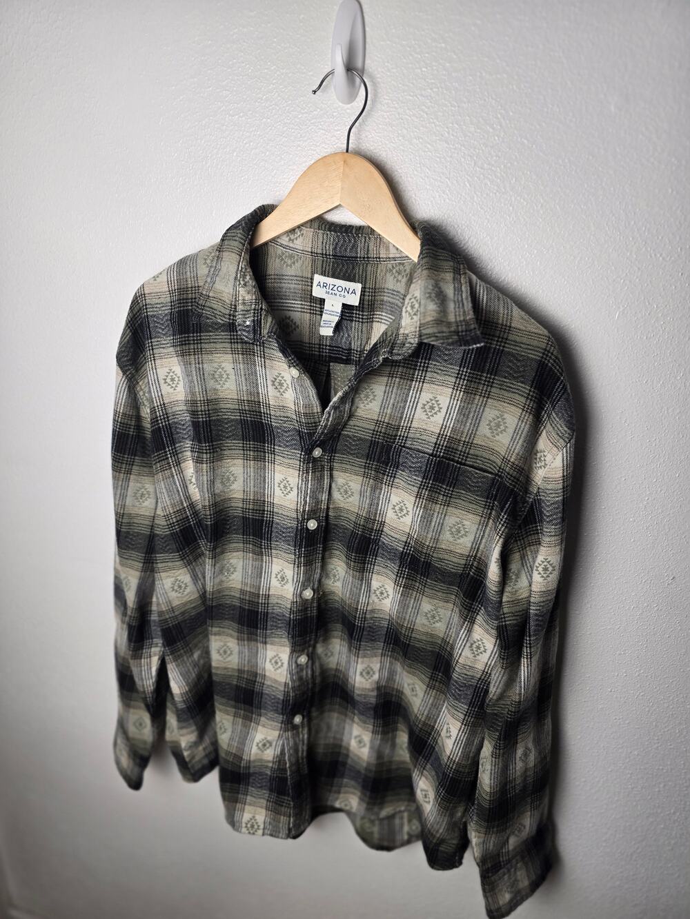 Arizona Jean Co Flannel Shirt Mens L Olive Plaid Southwestern Aztec Grunge
